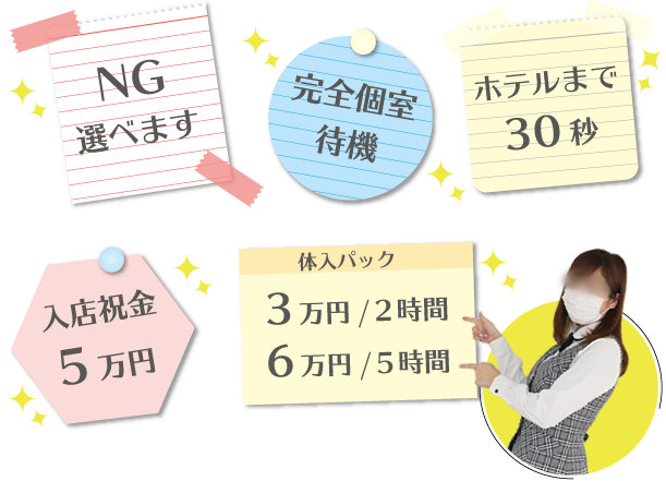 NG選べます・完全個室待機・ホテルまで30秒・入店祝金5万円・体入パック：3万円／2時間、6万円／5時間